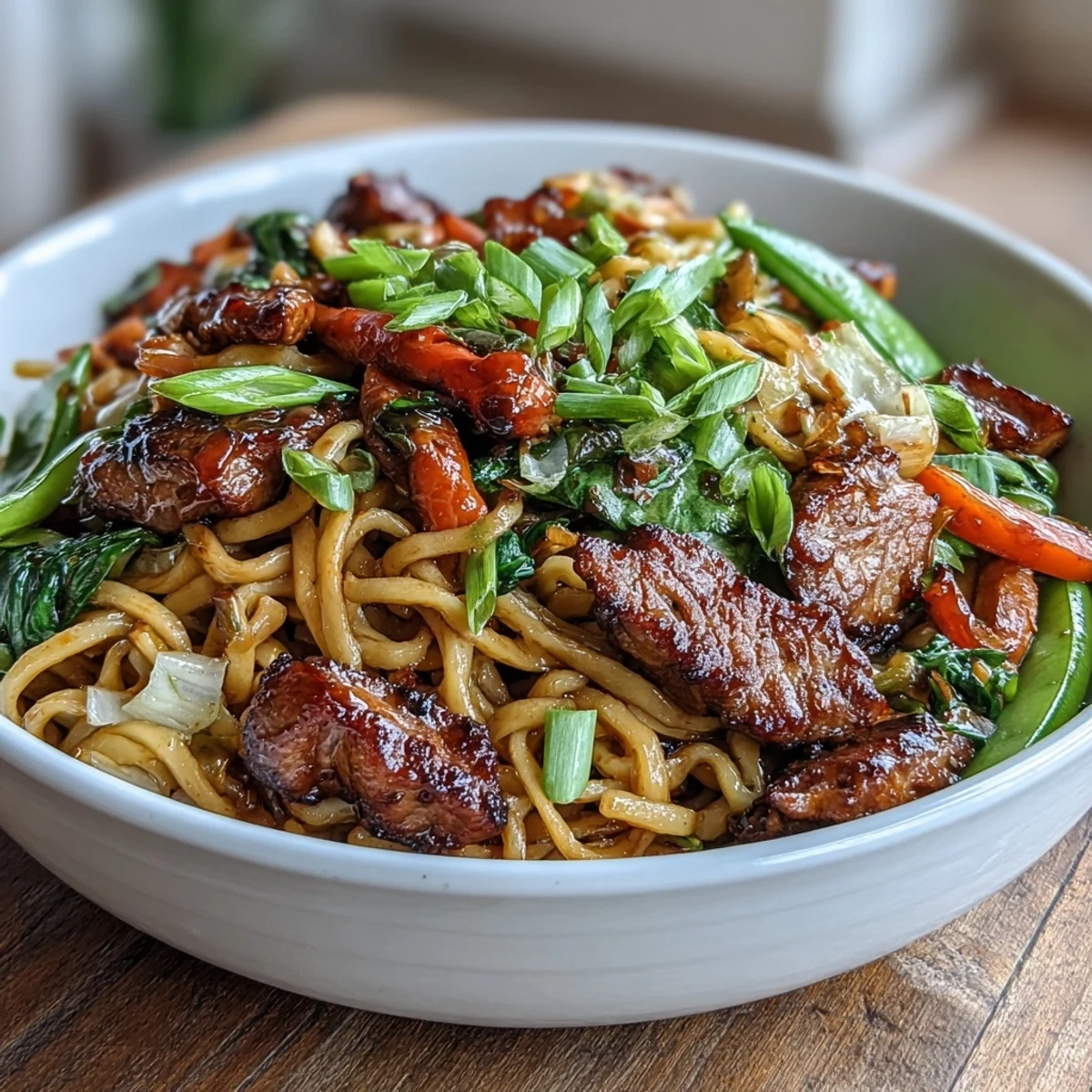 Tender pork and crisp bell peppers join noodles in a savory sauce for a quick weeknight stir-fry.