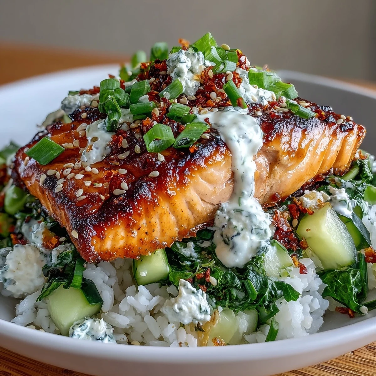 A vibrant Bang Bang Salmon Bowl with flaky salmon, cucumber-edamame salsa, and drizzled spicy sauce over rice.