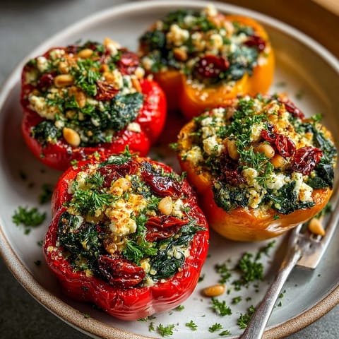 Close-up of vibrant Mediterranean Spinach &amp; Feta Stuffed Peppers, fresh herbs, ready to serve.