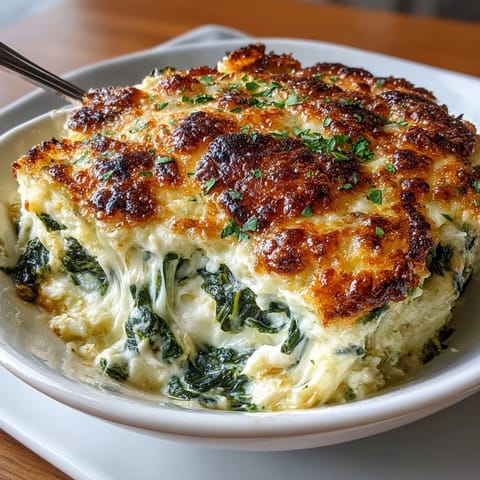 Oven-baked Cheesy Spinach Artichoke Dip: creamy, cheesy, with toasted golden-brown top.