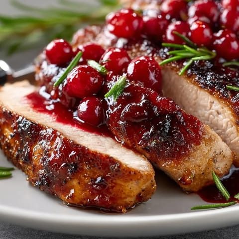 Close-up shot of glistening Cranberry Orange Roast Pork Loin; holiday flavors cooking.