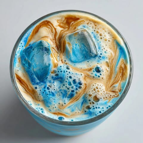 Close-up of a frosty Caramel Blue Milk; garnish dripping with golden caramel sauce.