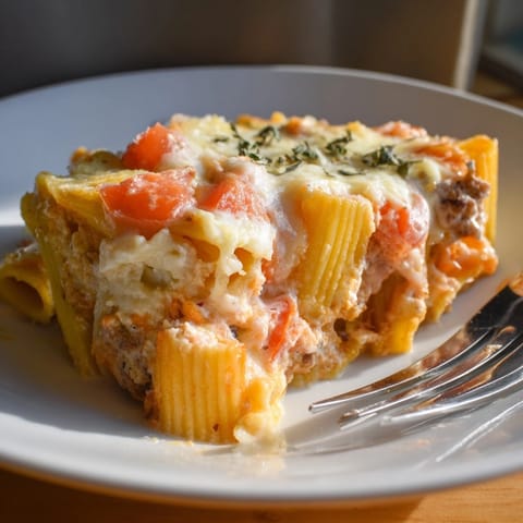 Creamy Alfredo Ricotta Tomato Casserole baking dish with melted mozzarella and parmesan.