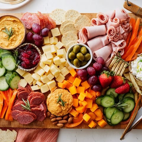 Elegant display of cured meats and festive dips on a charcuterie board, perfect for gatherings.  