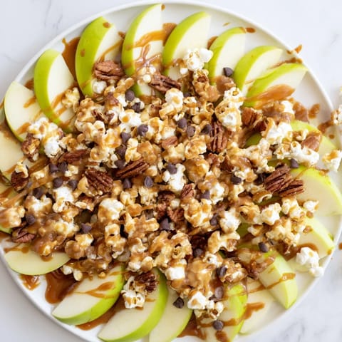 Crisp apple slices drizzled with warm caramel for irresistible Caramel Popcorn Apple Nachos.  