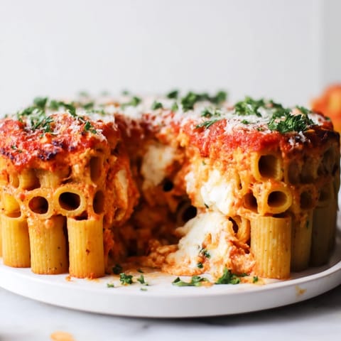 Warm honeycomb pasta cake filled with ricotta, topped with bubbling mozzarella cheese.  