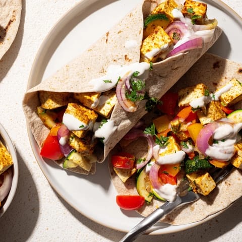 Satisfying vegan viral recipe with crispy tofu wrapped in whole wheat pita.  