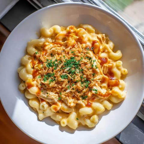 A close-up of creamy One-Pot Honey BBQ Chicken Mac and Cheese shows tender chicken and warm, cheesy goodness.