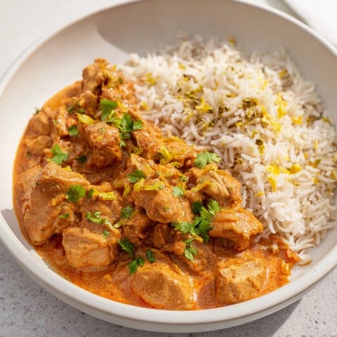 Fragrant basmati rice pilaf alongside a rich bowl of Butter Chicken, a flavorful Indian dinner.