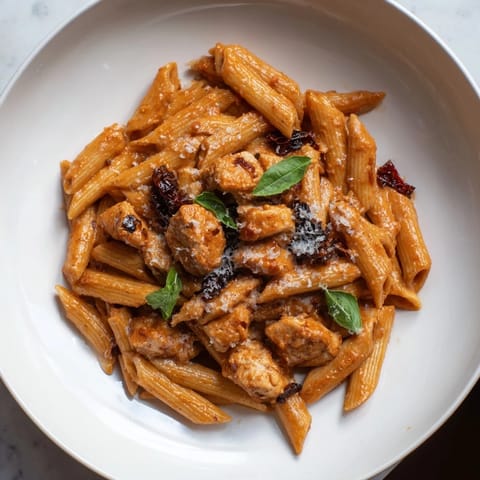 Savory Creamy Tomato Basil Chicken Pasta, garnished with fresh basil, ready for a comforting dinner.