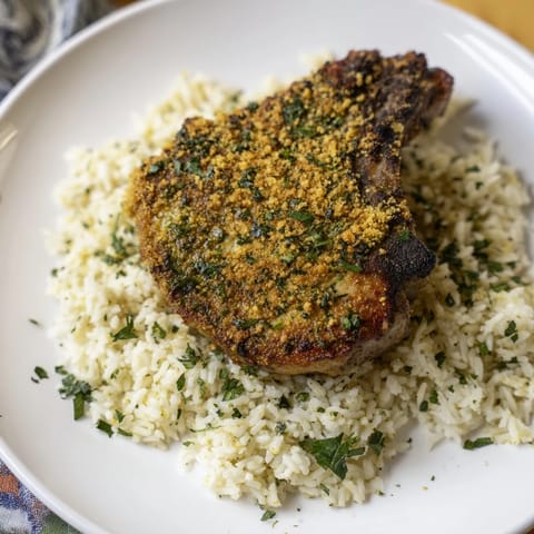 Imagine tender, juicy Parmesan Herb Pork Chops next to seasoned rice, a delicious comfort food recipe.