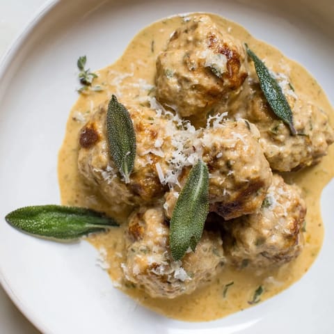 A close-up of tender turkey meatballs smothered in a rich pumpkin sage sauce, ready to eat.