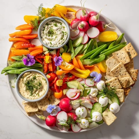 A colorful Spring Wreath Appetizer Platter arranged with fresh vegetables and cheeses ready to serve.