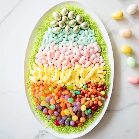 Close-up of a colorful Egg-Shaped Candy Platter filled with assorted sweets and candies, ready to enjoy.