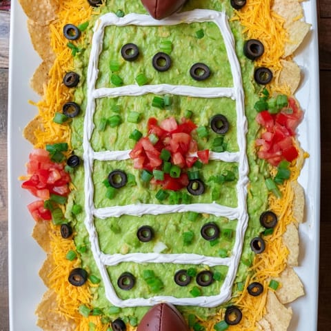 Freshly prepared Football Field Dip Platter with cheese and perfectly arranged football field lines.