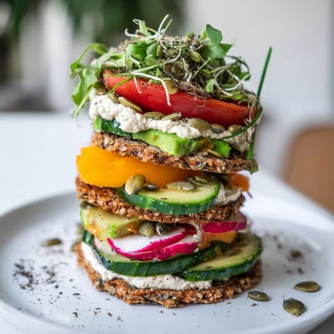Enjoy a detailed view of a delicious Gluten-Free Gourmet Tower, freshly assembled with colorful veggies.