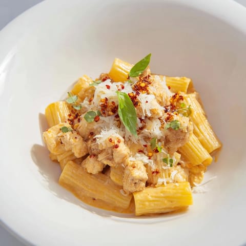 Tender chicken and a spicy, vibrant sauce coat this delicious Spicy Vodka Chicken Pasta dish.
