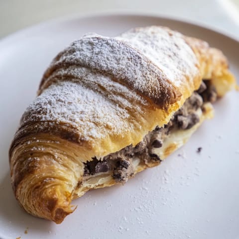 Indulge in a fresh Cookie Croissant: buttery pastry filled with melted chocolate cookie dough.