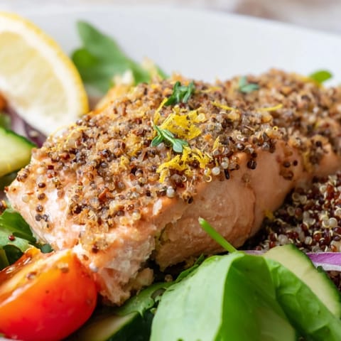 Flaky lemon herb salmon salad with quinoa, cucumbers, and herbs, served on a white plate with lemon wedges.