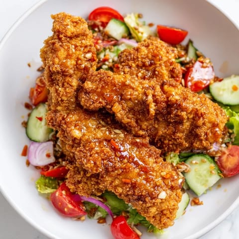 A close-up of Crispy Hot Honey Chicken Salad shows crunchy seed toppings, vibrant greens, and succulent chicken glistening with hot honey.  