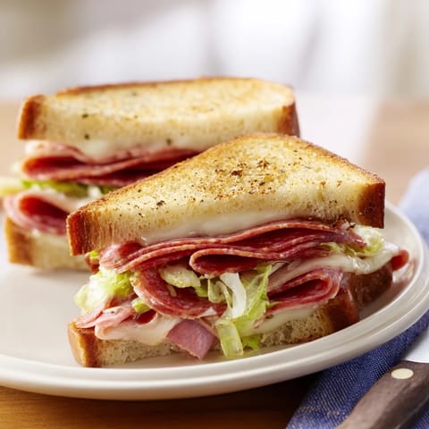 A close-up of a buttery Italian Sub Grilled Cheese, grilled to perfection with melted cheese, salami, and pepperoni, served hot beside kettle chips.  