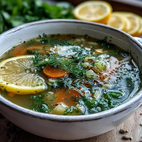 A cozy white mug of Lemon Herb Soup topped with chopped chives and a lemon slice.