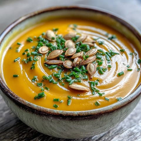 A warm bowl of Acorn Squash Soup garnished with toasted pumpkin seeds and fresh chives.