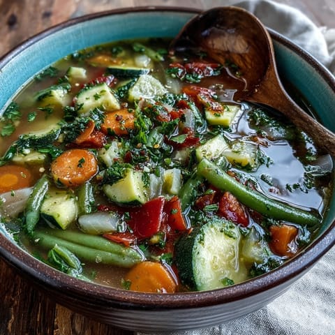 Steaming Italian Herb Vegetable Soup with fresh zucchini and carrots in a rustic white bowl.