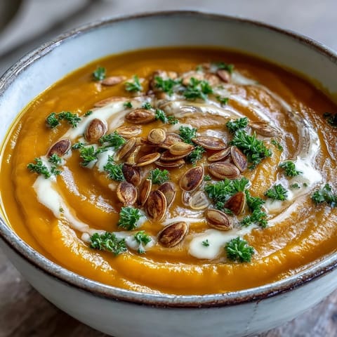 Smooth, velvety Pumpkin Soup with a swirl of cream, perfect for chilly autumn days. 