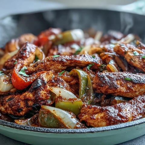 Easy Chicken Fajitas sizzling in a skillet with colorful peppers and onions, ready for warm tortillas.