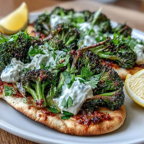 Roasted harissa broccoli with crisp edges piled onto warm flatbreads, topped with fresh cilantro and Greek yogurt.