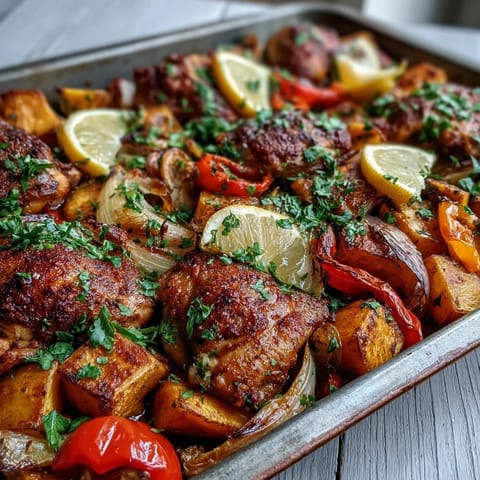 Crisp-skinned chicken thighs with roasted sweet potato chunks and sweet cherry tomatoes, garnished with fresh parsley and lemon wedges.