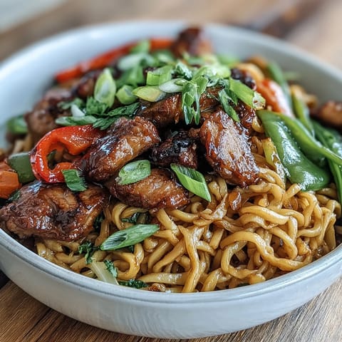 Steaming Pork Noodle Stir-Fry tossed with fresh ginger, garlic, and sesame seeds for a fragrant finish.