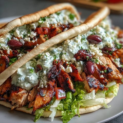 A close-up of Mediterranean chicken gyros with creamy feta tzatziki, red onion, Kalamata olives, and lemon wedges on a rustic table.  