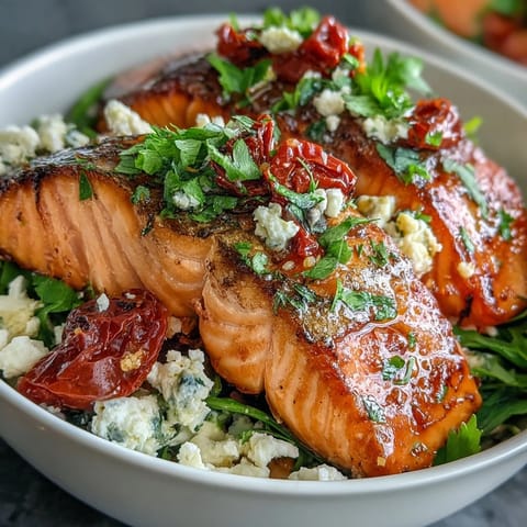 A close-up of the Mediterranean Salmon Bowl reveals flaky fish, sun-dried tomatoes, and fresh cilantro, perfect for a quick weeknight dinner.