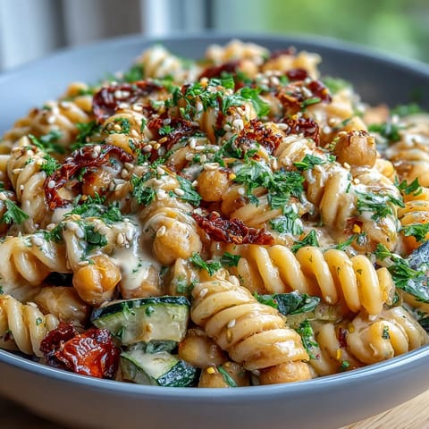 A fork twirls chickpea pasta in a vibrant Chickpea Pasta Bowl, garnished with fresh parsley and sesame seeds.