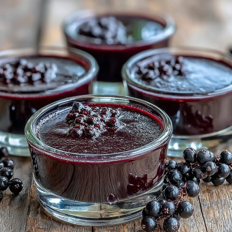 Creamy Black Currant Panna Cotta with glossy berry glaze in a glass ramekin.