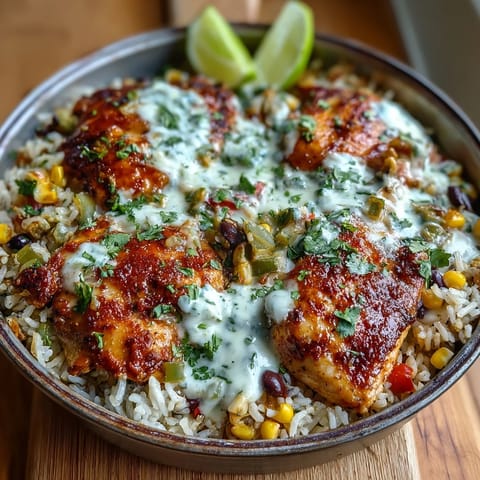 Golden-brown spiced chicken breasts nestled in fluffy rice with tomatoes, corn, and black beans, all smothered in gooey melted queso in a skillet.