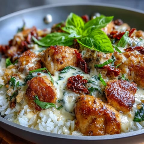 A steaming one-pan bowl of Creamy Tuscan Chicken Rice Skillet, featuring rich sauce, sun-dried tomatoes, and colorful vegetables, perfect for a comforting weeknight meal.