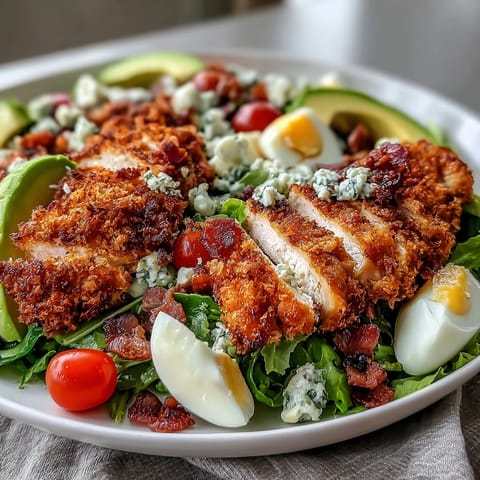 Golden-brown, extra-crispy Parmesan Crusted Chicken Cobb Salad served with fresh vegetables and creamy avocado slices.