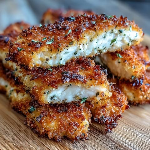 Freshly baked Crispy Panko Ranch Chicken Tenders piled high on a white plate, showcasing a golden, crunchy breading that looks irresistible.