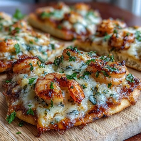 Golden, bubbly mozzarella tops garlic naan loaded with sautéed shrimp in rich garlic butter sauce.