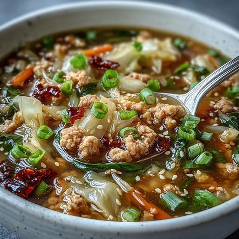 Bowl of Egg Roll Soup with Chicken & Cabbage, topped with chili crisp and green onions in steaming broth.