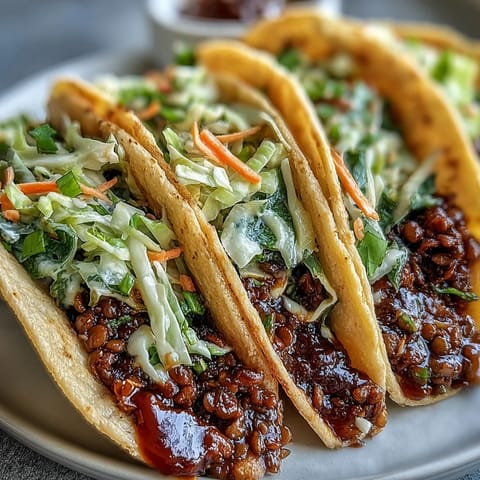 Colorful Vegan BBQ Lentil Tacos offer a hearty plant-based meal with tangy slaw and avocado slices on a rustic plate.