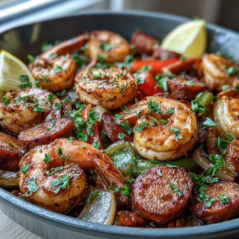 Keto Cajun Shrimp and Sausage Skillet served over cauliflower rice with lemon wedges, showcasing a low-carb dinner.