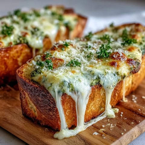 Golden, toasted Garlic Bread Boats filled with bubbly mozzarella and pesto chicken, served hot from the oven.