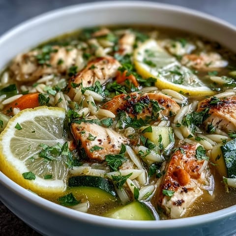 Creamy and comforting One-Pot Lemon Chicken and Zucchini Orzo Soup, garnished with fresh parsley and lemon zest.  