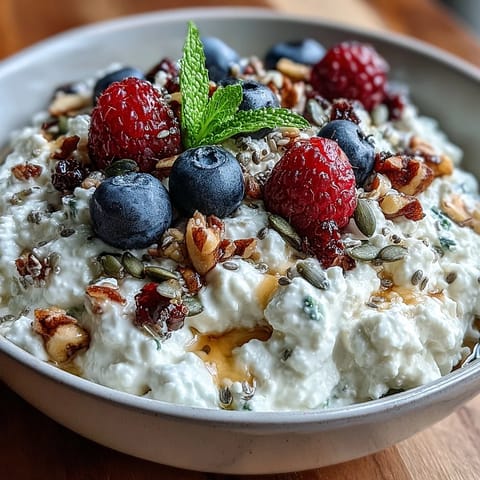 Creamy cottage cheese topped with fresh berries and crunchy seeds for a healthy, protein-rich breakfast bowl.  