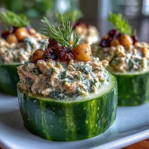 Fresh vegan chickpea tuna salad stuffed into crisp cucumber boats, a light and satisfying appetizer or lunch.  