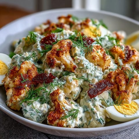 Roasted cauliflower and hard-boiled eggs tossed with tangy dill pickles and fresh herbs for a keto-friendly salad.  